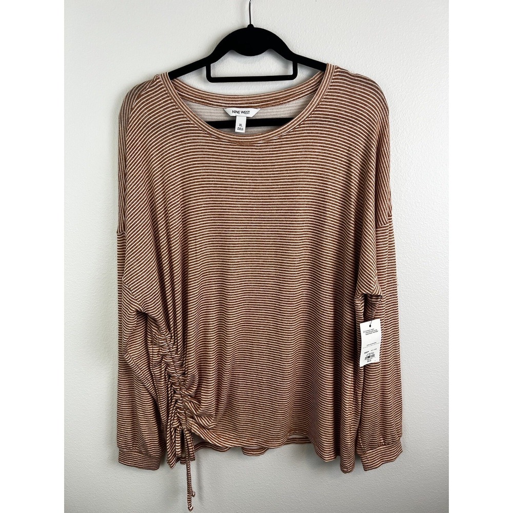 NWT Nine West Women's XL Ivory Orange Striped Long Sleeve Top Tie